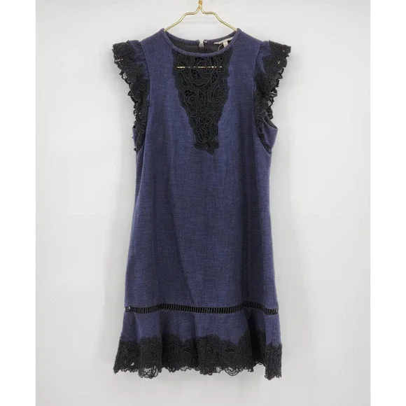 Rebecca Taylor Slub Lace Dress Blue Black Lace Cotton Blend Size 10 Rebecca Taylor Slub Lace Dress Blue Black Lace Cotton Blend Size 10